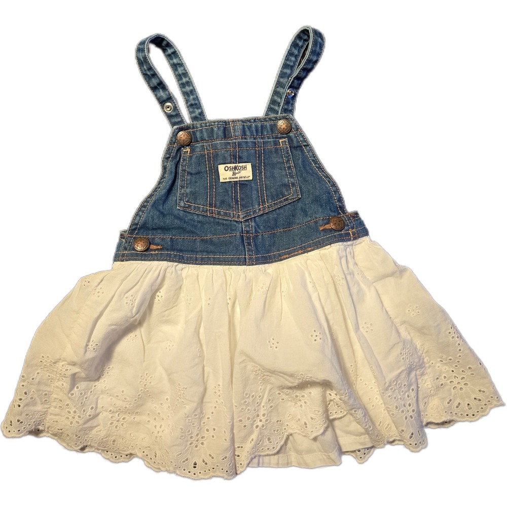 OshKosh B'gosh Toddler 2T Denim Eyelet Lace Overall Dress Blue White Pinafore